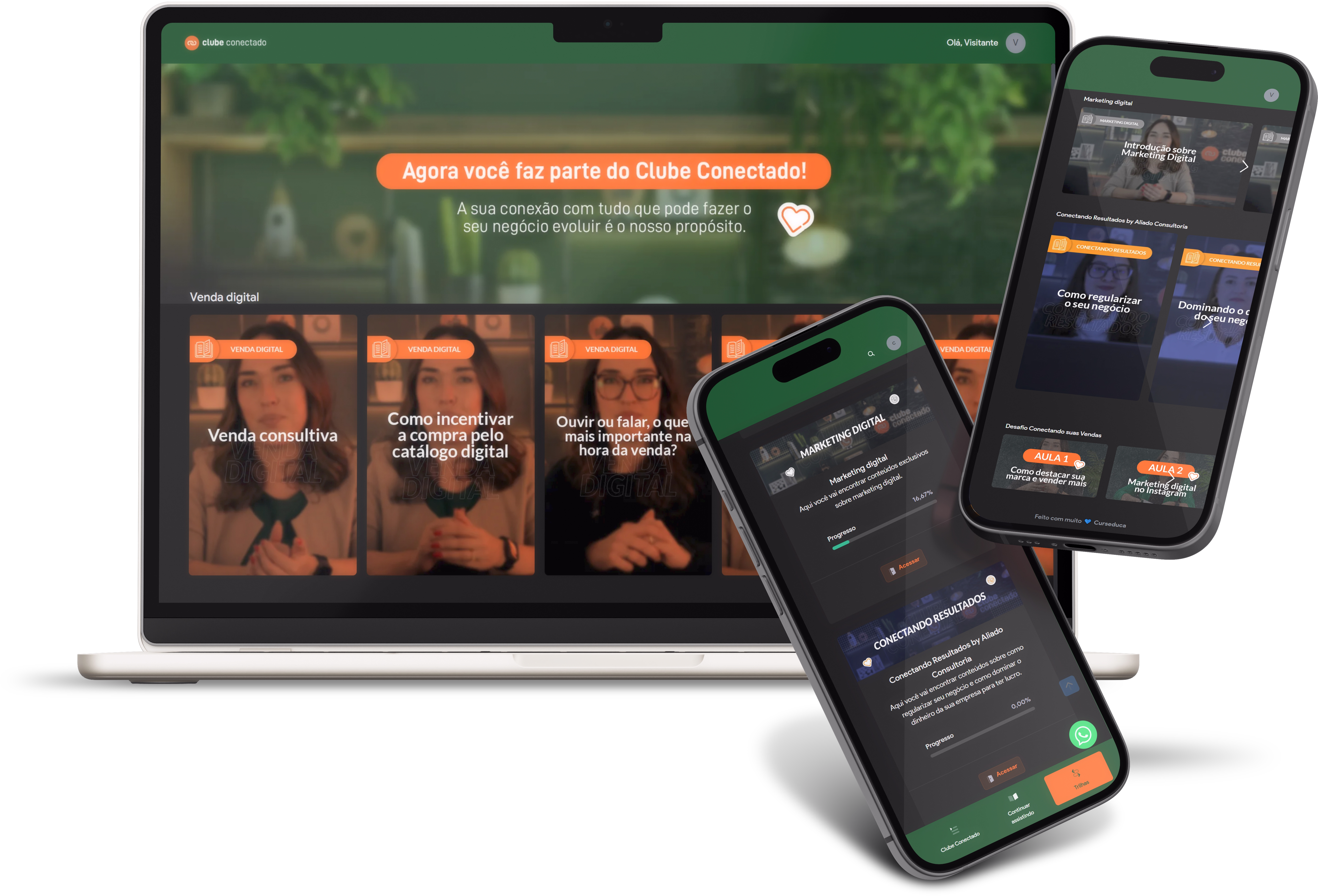 Plataforma do Clube Conectado aberta em notebook e celulares, com videoaulas sobre vendas online, marketing e uso do Conecta Venda para impulsionar negócios.