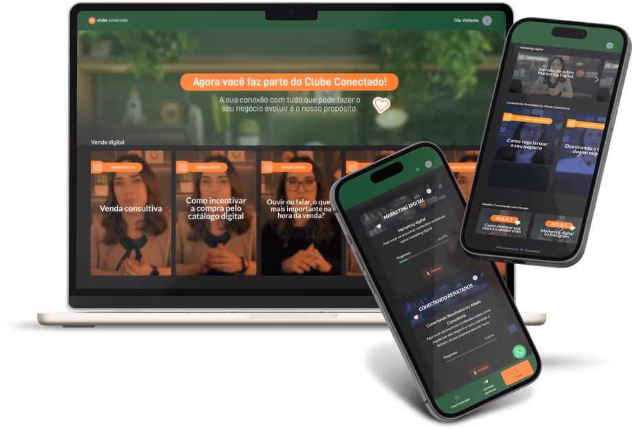 Plataforma do Clube Conectado aberta em notebook e celulares, com videoaulas sobre vendas online, marketing e uso do Conecta Venda para impulsionar negócios.