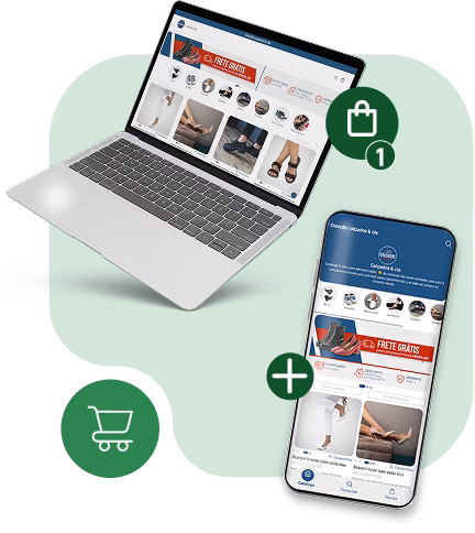 Catálogo digital do segmento de calçados exibido em notebook e celular com vitrine responsiva, carrinho de compras, e funcionalidades de pedidos online pelo Conecta Venda