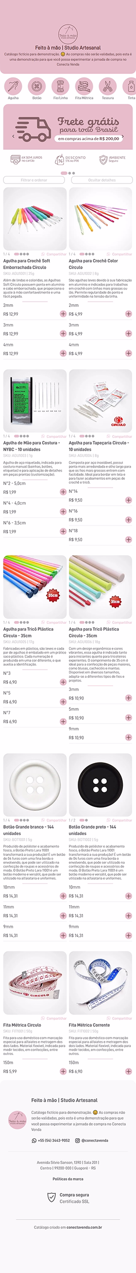 Rolagem contínua apresentando a vitrine digital completa do Conecta Venda no segmento de artesanato, com layout responsivo e navegação fluida.