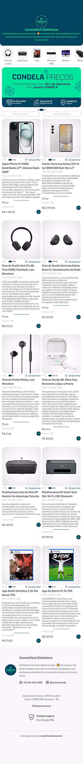 Rolagem contínua apresentando a vitrine digital completa do Conecta Venda no segmento de eletrônicos, com layout responsivo e navegação fluida.