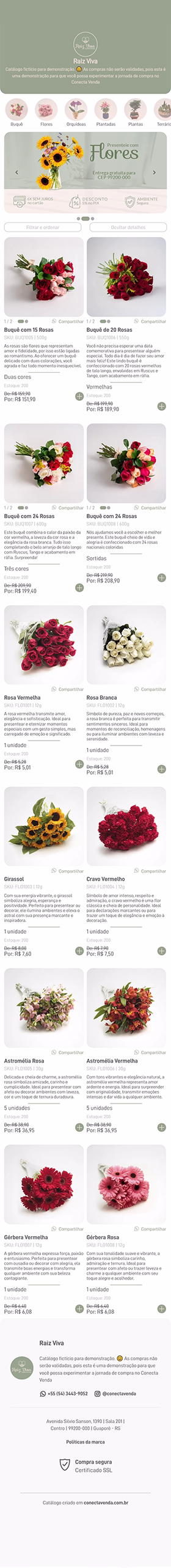 Rolagem contínua apresentando a vitrine digital completa do Conecta Venda no segmento de floricultura, com layout responsivo e navegação fluida.