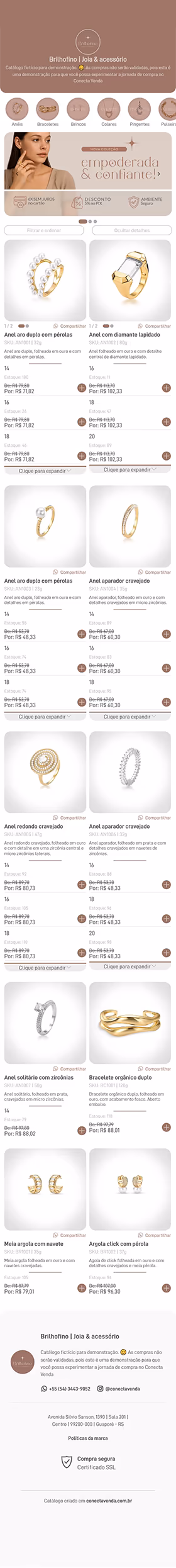 Rolagem contínua apresentando a vitrine digital completa do Conecta Venda no segmento de joias e acessórios, com layout responsivo e navegação fluida.