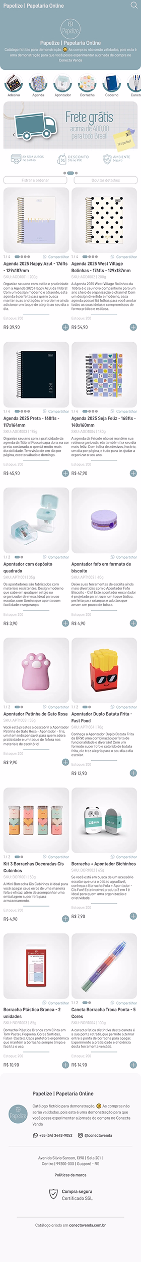 Rolagem contínua apresentando a vitrine digital completa do Conecta Venda no segmento de papelaria e escritório, com layout responsivo e navegação fluida.